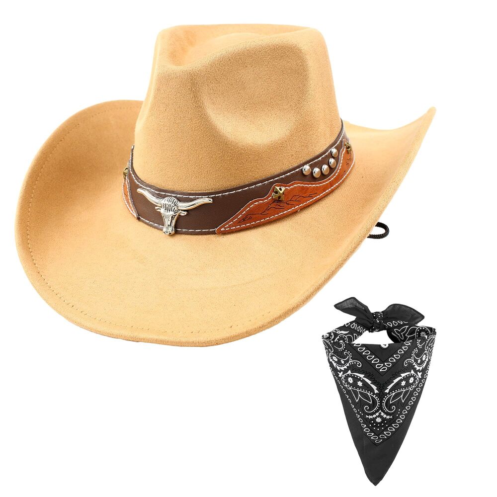 4758 Cowboy Hat For Women Men With Wide Brim Western Set Black Bandana